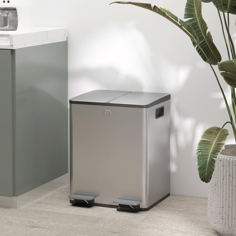 HOMCOM 2 x 20L Dual Kitchen Bin Pedal Bin for Recycling and Waste