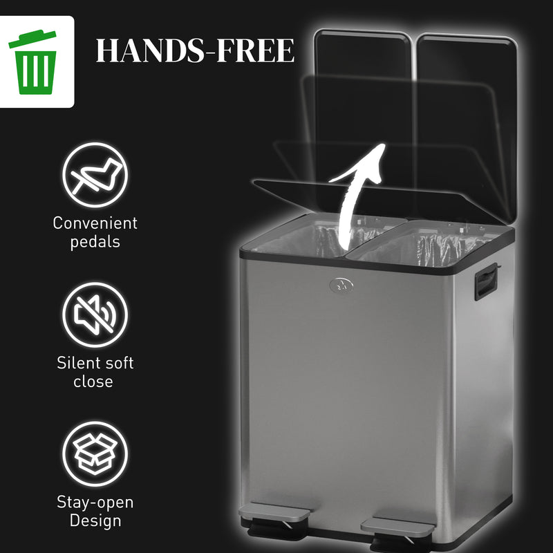 HOMCOM 2 x 20L Dual Kitchen Bin Pedal Bin for Recycling and Waste