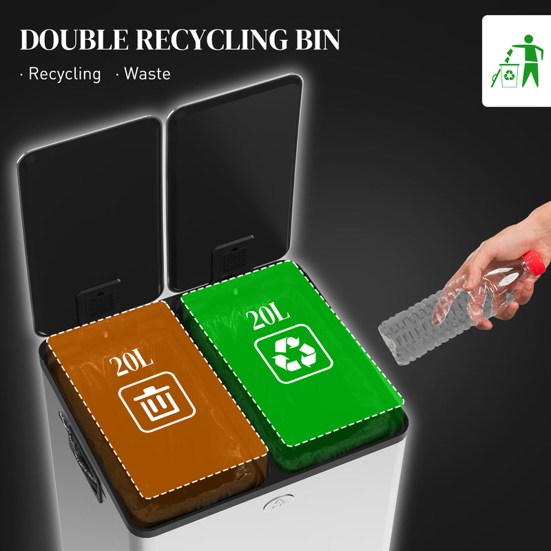 HOMCOM 2 x 20L Dual Kitchen Bin Pedal Bin for Recycling and Waste