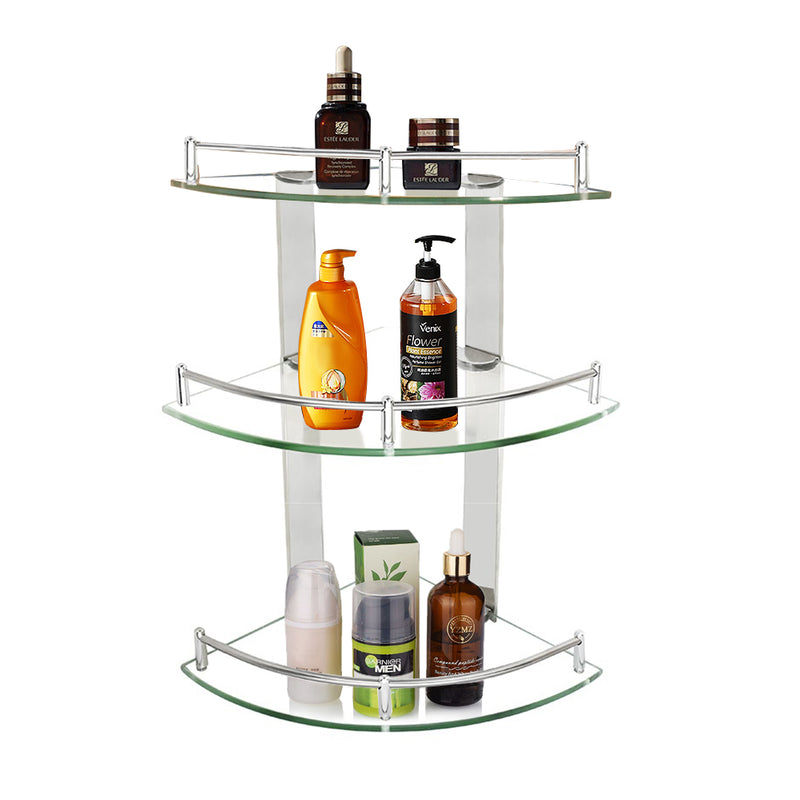 Lifeideas 3 Tiers Bathroom Tempered Glass Corner Shelf with Steel Rail Wall Mounted