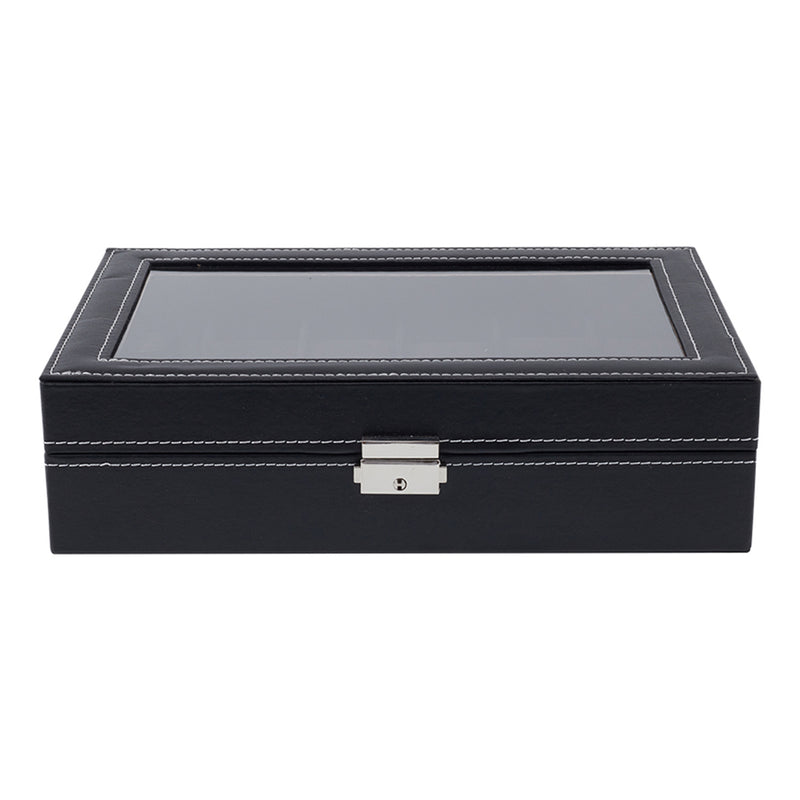 Sheonly 12-Slot Black Synthetic Leather Watch Display Box with Glass Lid