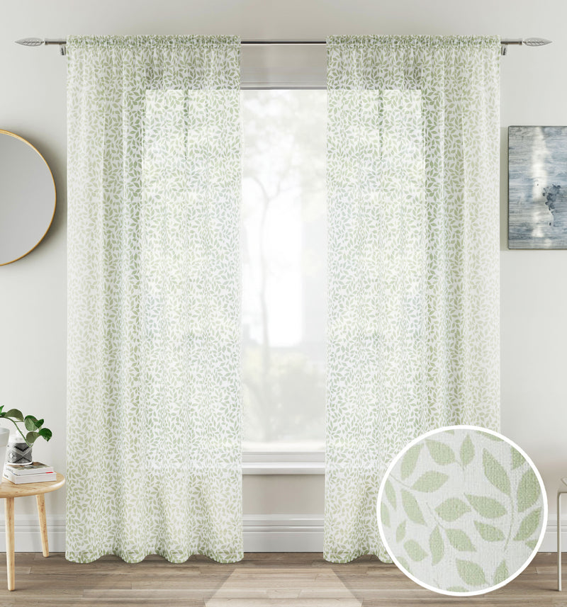 Pair of Willow Green Leaf Print on Linen Look Panels, with Rod Pocket Header