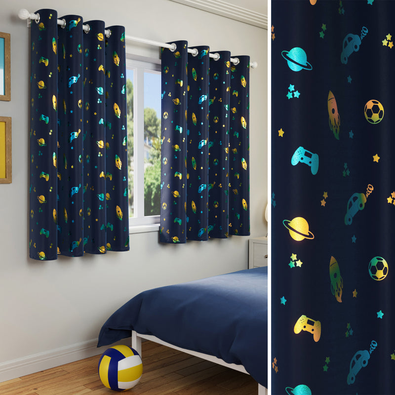 Enhanced Living Infinity Room Darkening Thermal Blue Metallic Print Kid's Eyelet Curtains - Pair