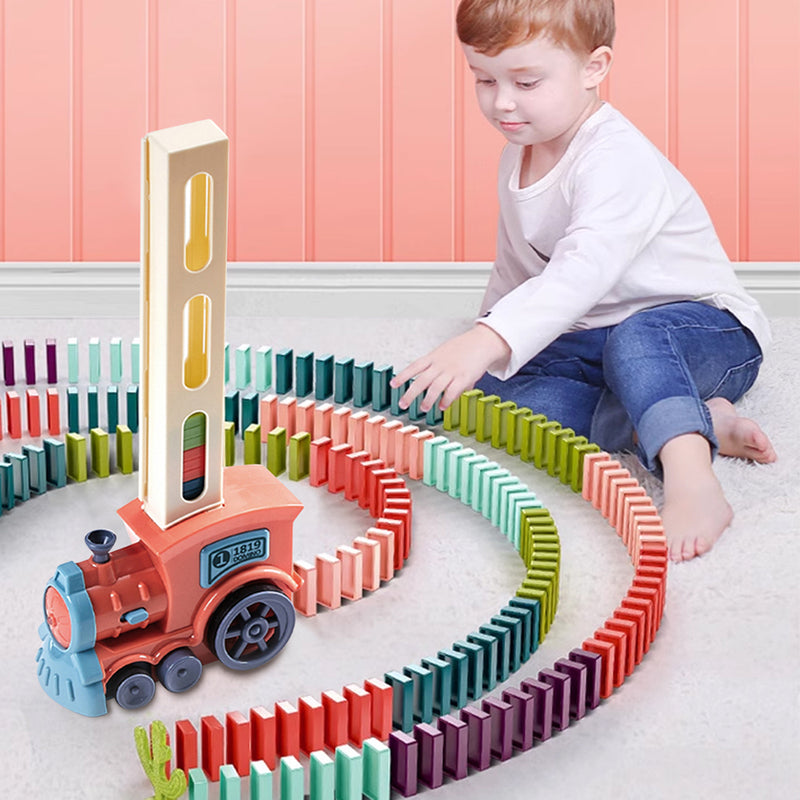 Kidkid Pink Automatic Domino Laying Train Toy with Lights for Kids