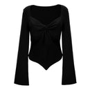 V-Neck Twist Front Top With Long Bell Sleeves - Black