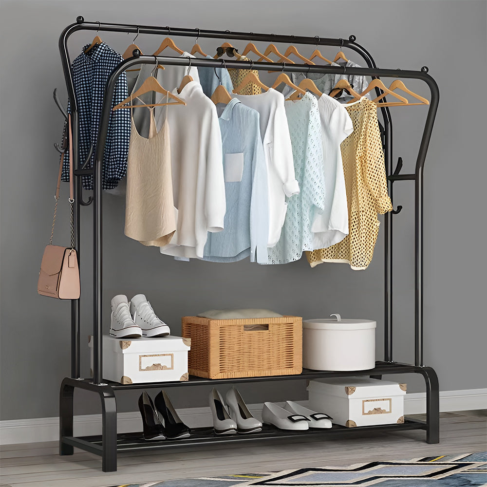 Livingandhome Double-Rod Metal Clothes Rack with Hooks