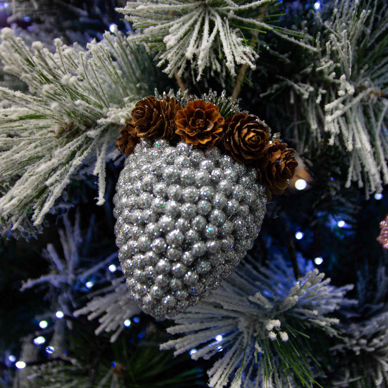 Christmas Sparkle Glitter Acorn Hanging Decoration 11cm - Silver
