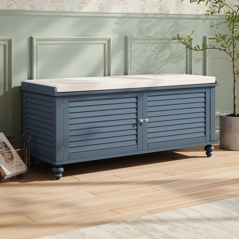 Livingandhome Wooden Shutter Door Shoe Cabinet Storage Bench with Linen Cushion