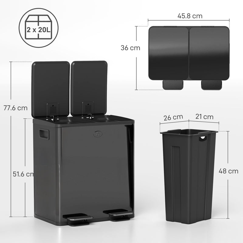 HOMCOM 2 X 20L Dual Kitchen Bin Pedal Bin For Recycling And Waste