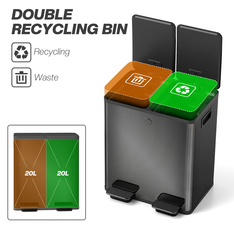 HOMCOM 2 X 20L Dual Kitchen Bin Pedal Bin For Recycling And Waste