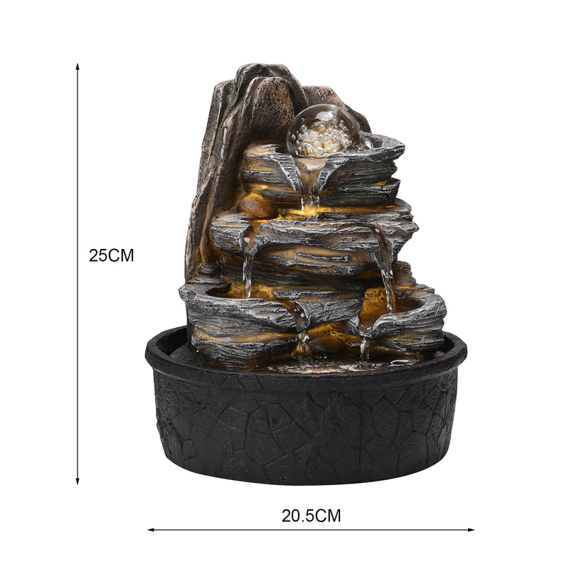 Garden Sanctuary Tiered Rock Cascading Tabletop Water Fountain with LED Crystal Ball