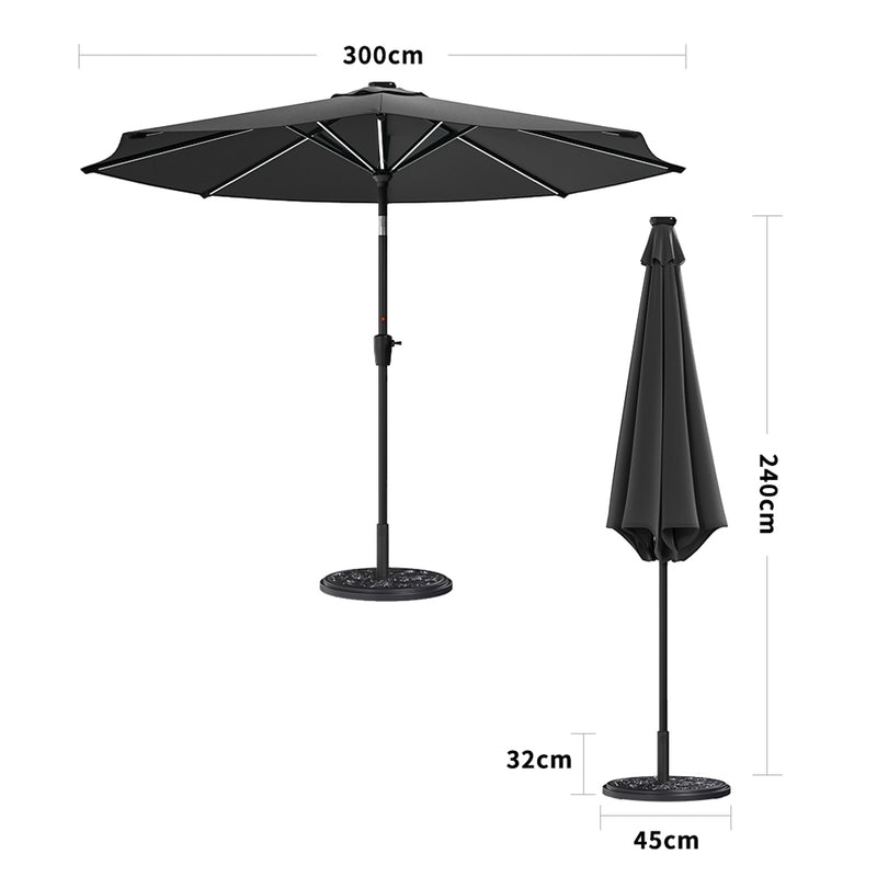 Garden Sanctuary Large Solar Powered LED Patio Umbrella for Outdoor Garden Patio with Base