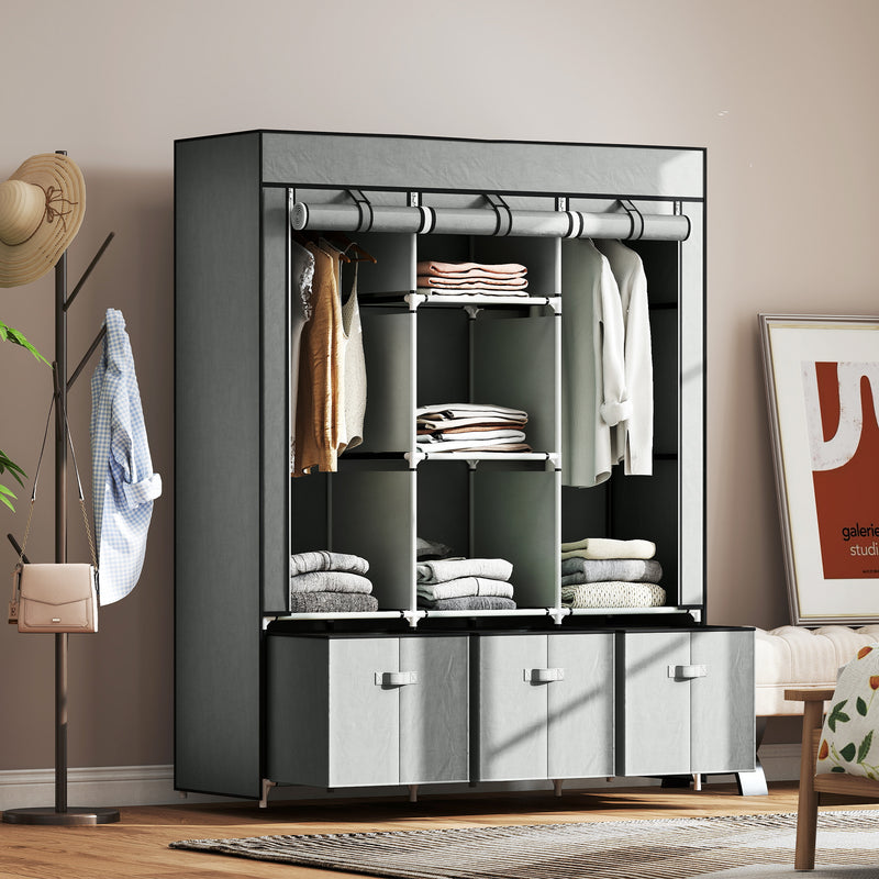 HOMCOM Portable Wardrobe w/ 5 Shelves 3 Fabric Drawers and 2 Hanging Rails Grey