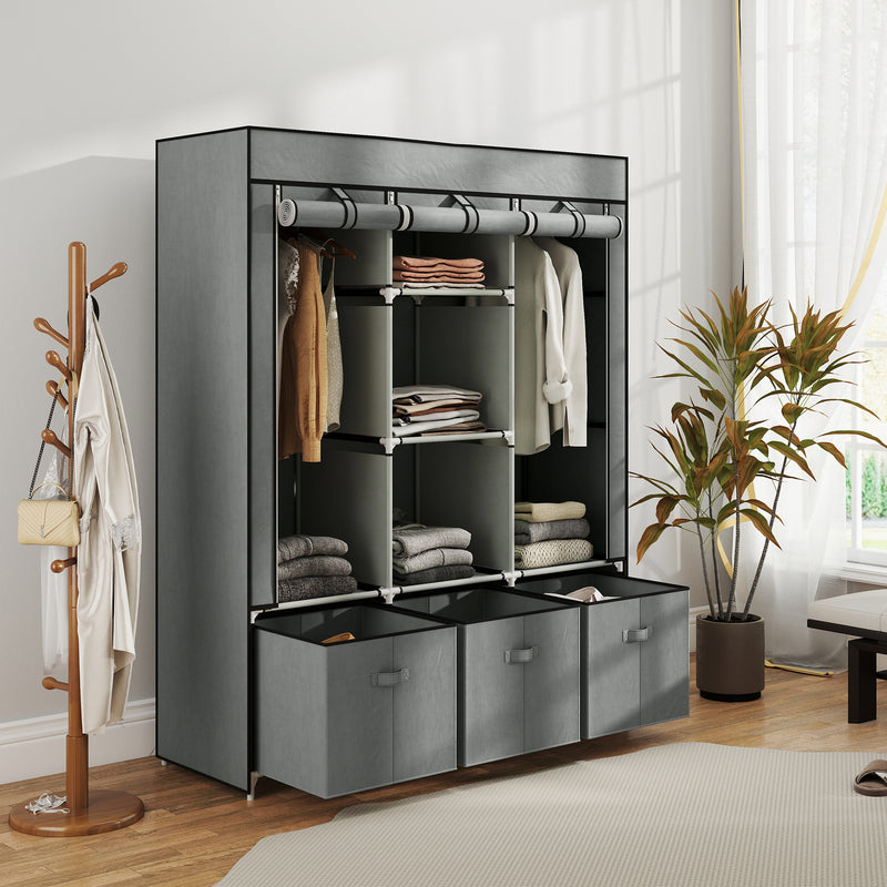 HOMCOM Portable Wardrobe w/ 5 Shelves 3 Fabric Drawers and 2 Hanging Rails Grey