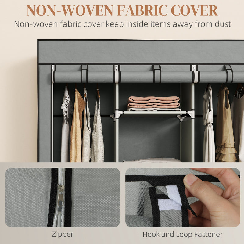 HOMCOM Portable Wardrobe w/ 5 Shelves 3 Fabric Drawers and 2 Hanging Rails Grey