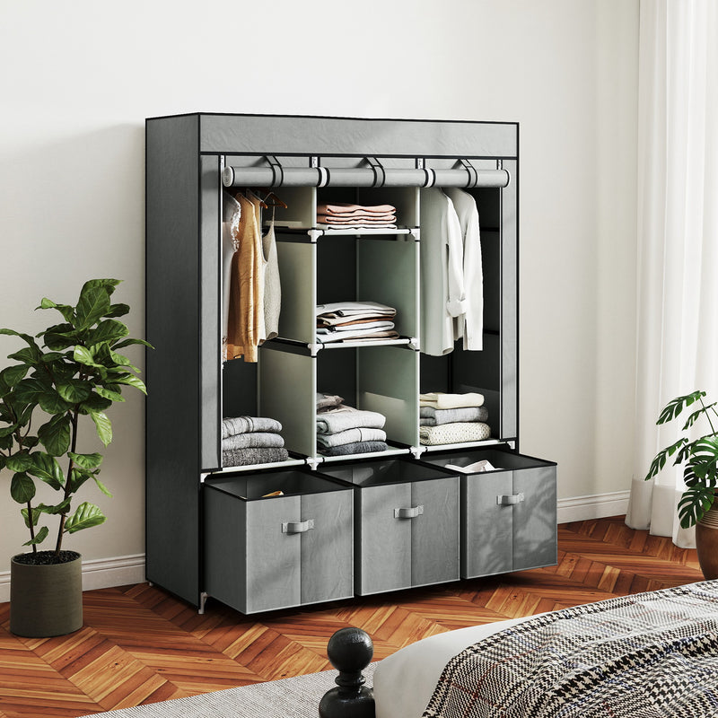 HOMCOM Portable Wardrobe w/ 5 Shelves 3 Fabric Drawers and 2 Hanging Rails Grey