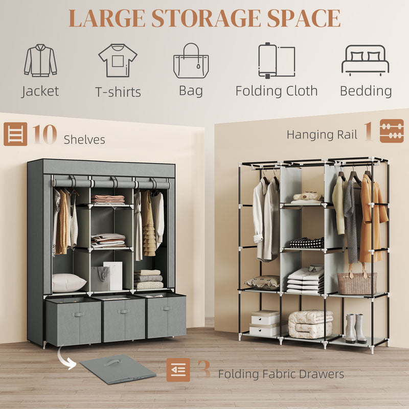 HOMCOM Portable Wardrobe w/ 5 Shelves 3 Fabric Drawers and 2 Hanging Rails Grey
