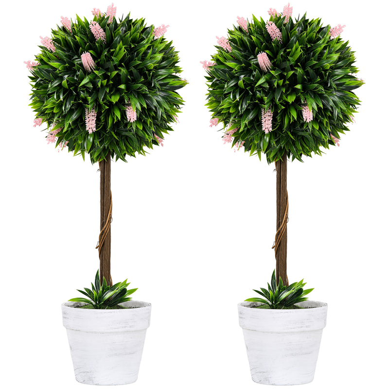 HOMCOM Set Of 2 Potted Artificial Plants Ball Tree With Flowers