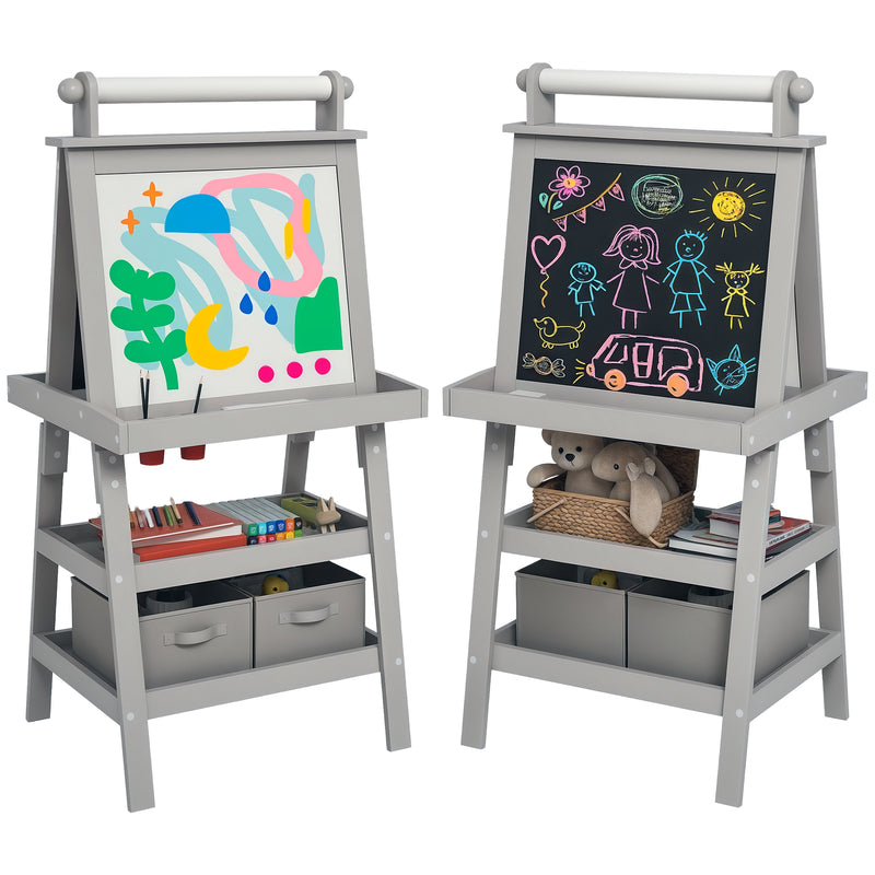 AIYAPLAY Double-Sided Art Easel For Kids W/ Paper Roll, Storage Baskets Pink