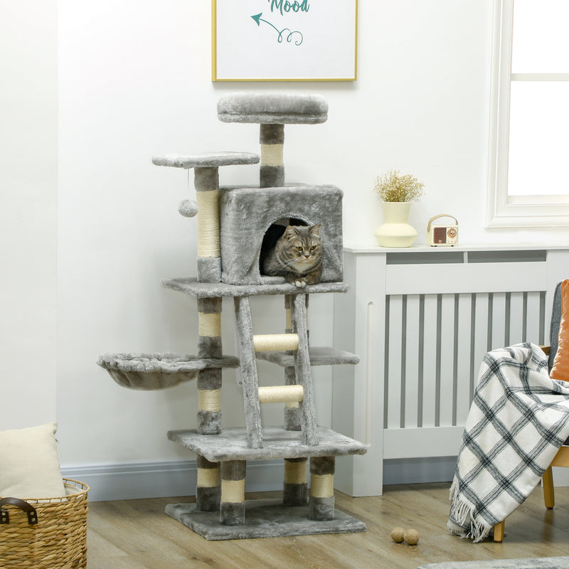 PawHut 132cm Multi-Activity Cat Tree w/ House, Bed, Ladder, Scratch Post - Grey