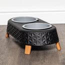 77cm x 58cm Black Plastic Raised Pet Basket with Legs and Black Plastic Double Pet Bowl Feeder with Stand Set