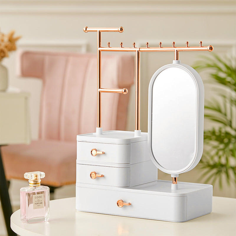 Sheonly Jewelry Organizer with Rotating Mirror and Makeup Storage Box