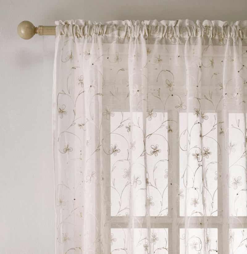 Pair of Belle Cream Sheer Floral Embroidery Voile Panels with Rod Pocket Header
