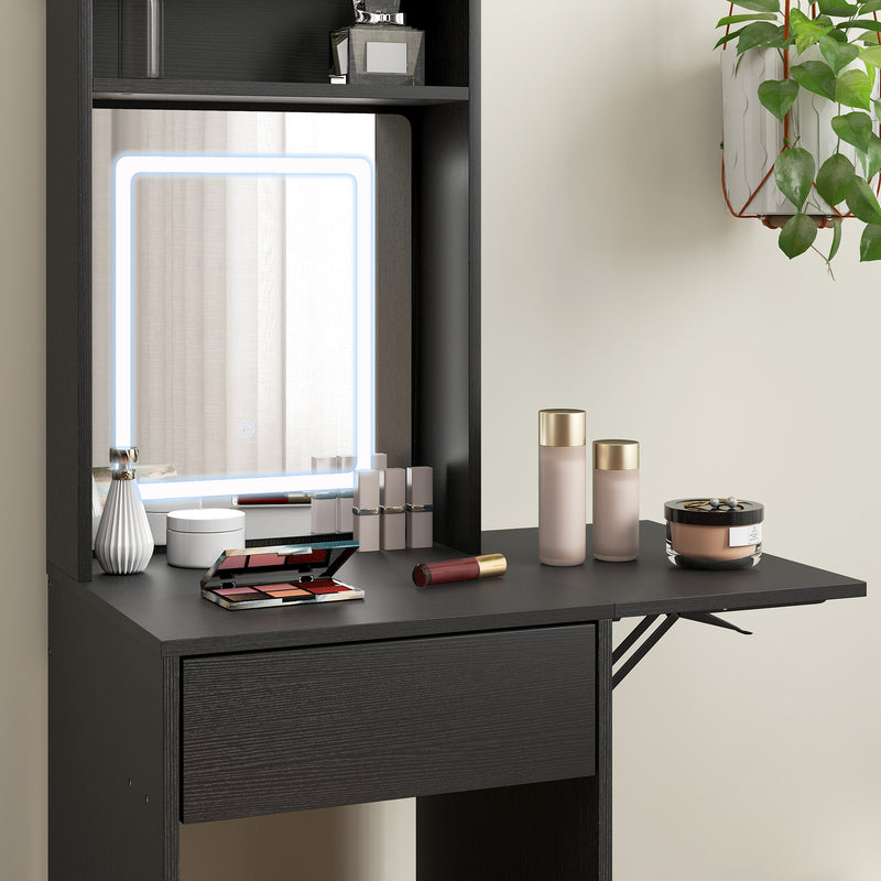 HOMCOM Compact Dressing Table with Lighted Mirror Open Shelves Drawer