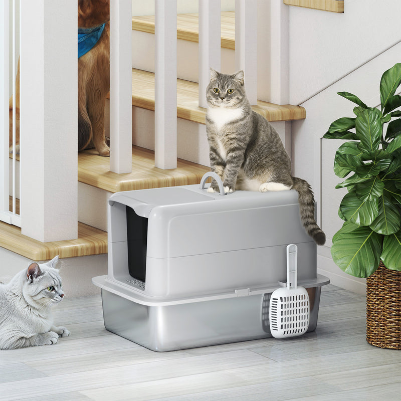 PawHut Stainless Steel Cat Litter Box with Removable Lid, Scoop, Grey