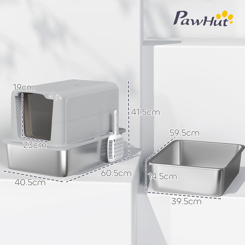 PawHut Stainless Steel Cat Litter Box with Removable Lid, Scoop, Grey