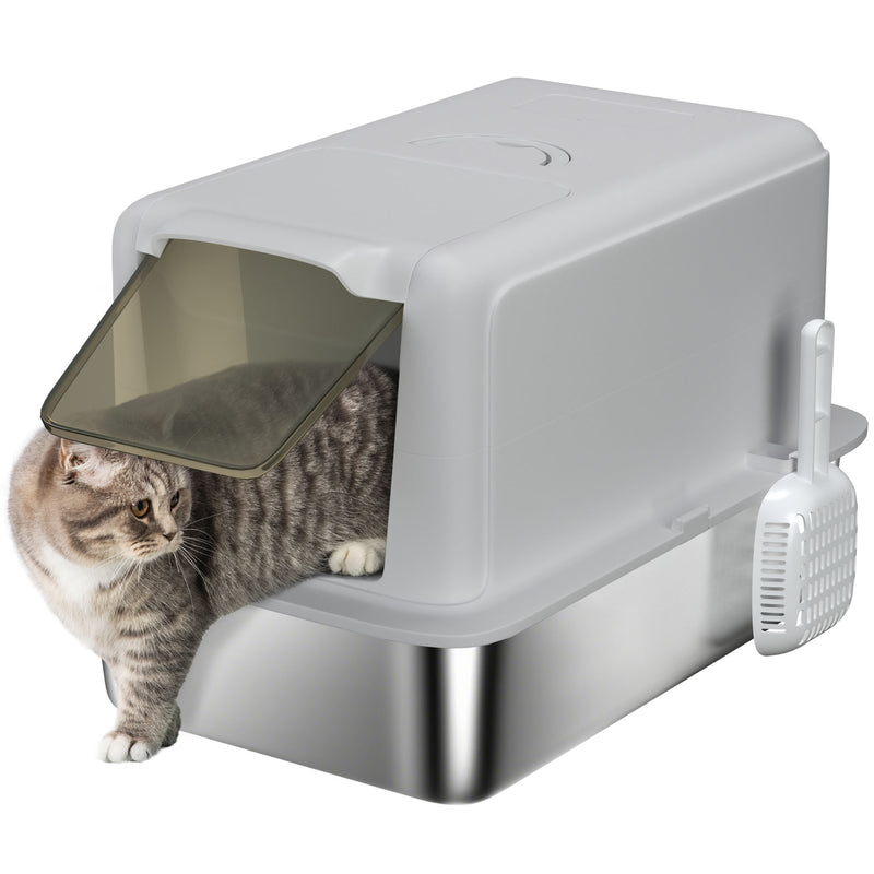PawHut Stainless Steel Cat Litter Box with Removable Lid, Scoop, Grey