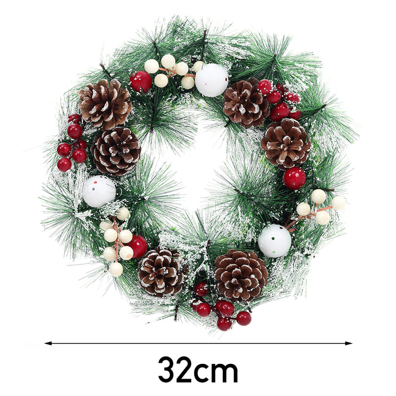Livingandhome 32cm Snow Flocked Christmas Artificial Wreath with Classical Xmas Ornaments