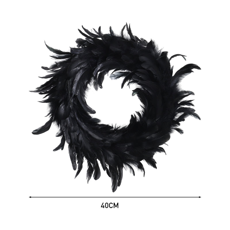 Black Feather Wreath with Lights for Halloween