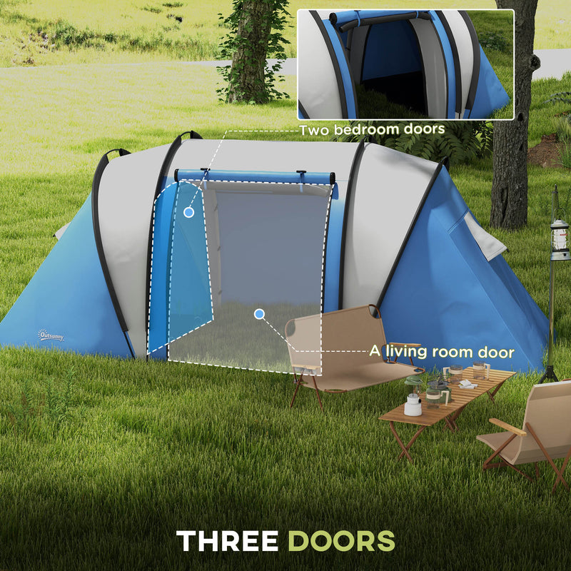Outsunny 2 Bedroom Camping Tent with Living Area, 3000mm Waterproof, Blue