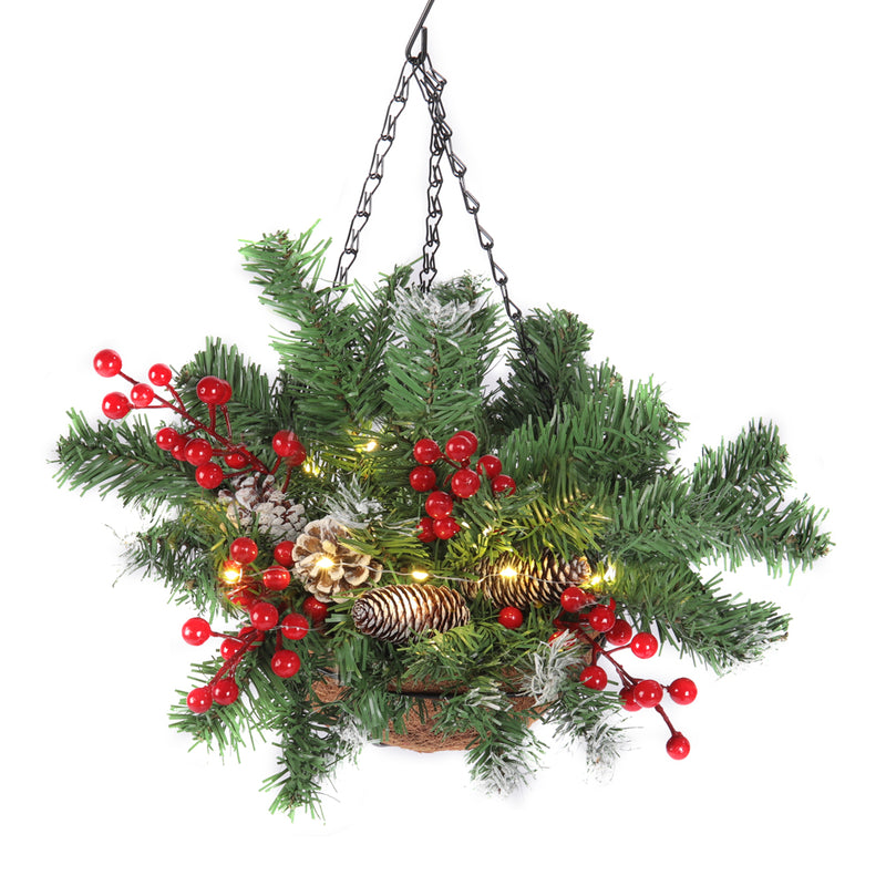 Lifeideas Pre-Lit Artificial Christmas Hanging Basket with Frosted Pine Cones