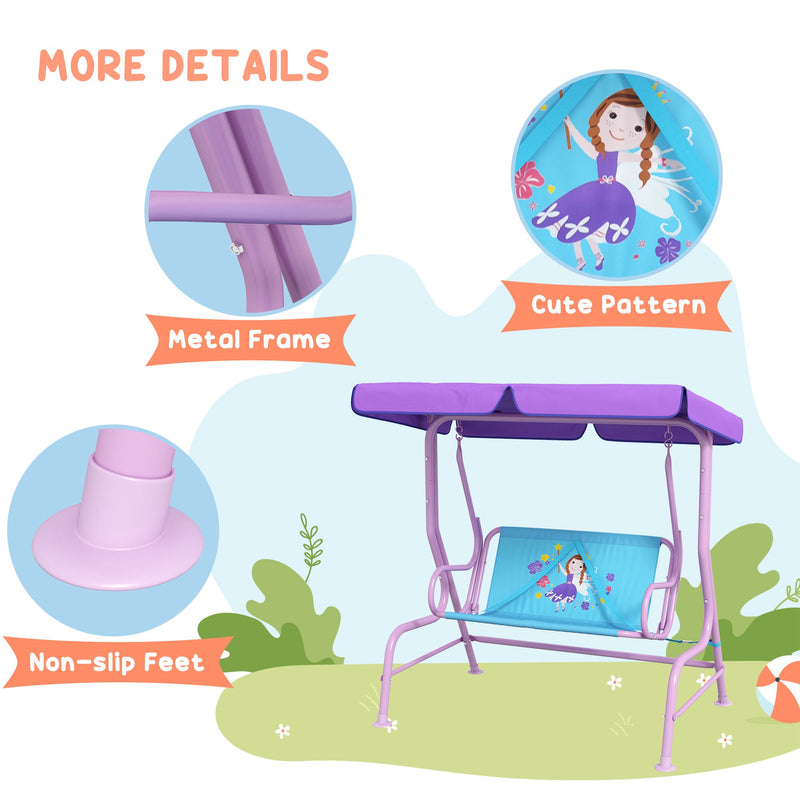 Outsunny 2 Seater Kids Swing Chair, Fairy-Themed with Adjustable Canopy
