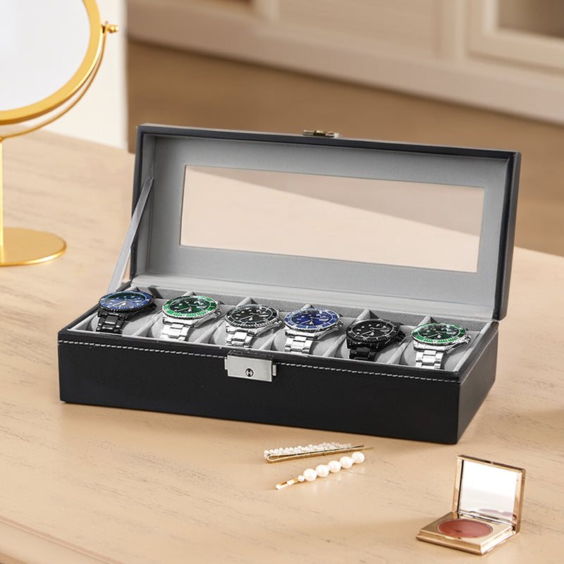 Sheonly Elegant Faux Leather Watch Display Case with 6 Slots