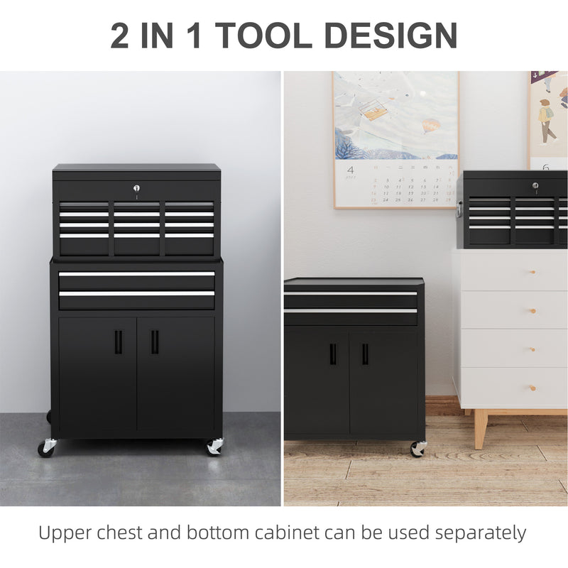 HOMCOM Top Chest And Roller Cabinet Combo Metal Tool Cabinet On Wheels - Black/Blue/Red