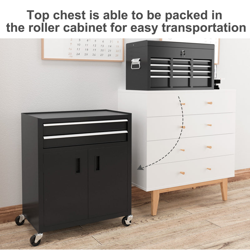HOMCOM Top Chest And Roller Cabinet Combo Metal Tool Cabinet On Wheels - Black/Blue/Red