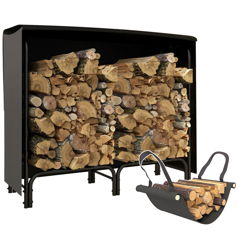 Outsunny 4FT Firewood Rack Holder W/ Canvas Carrier and Oxford Cover, Black