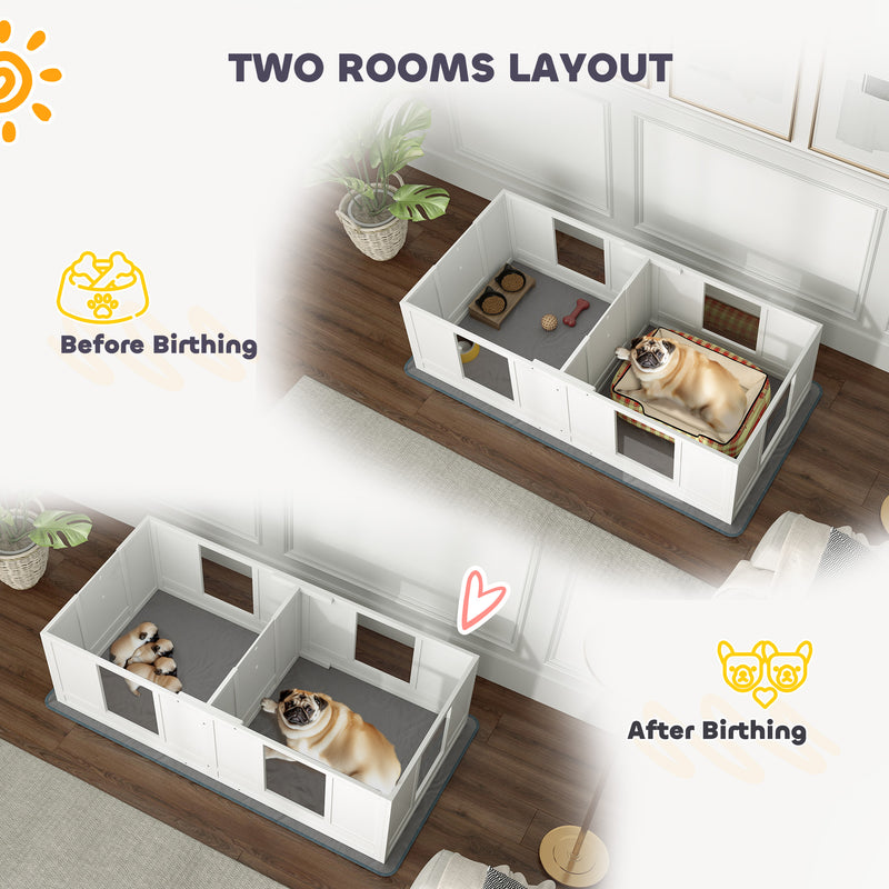 PawHut Whelping Box for Dogs with Whelping Pad, Two Room Design - White