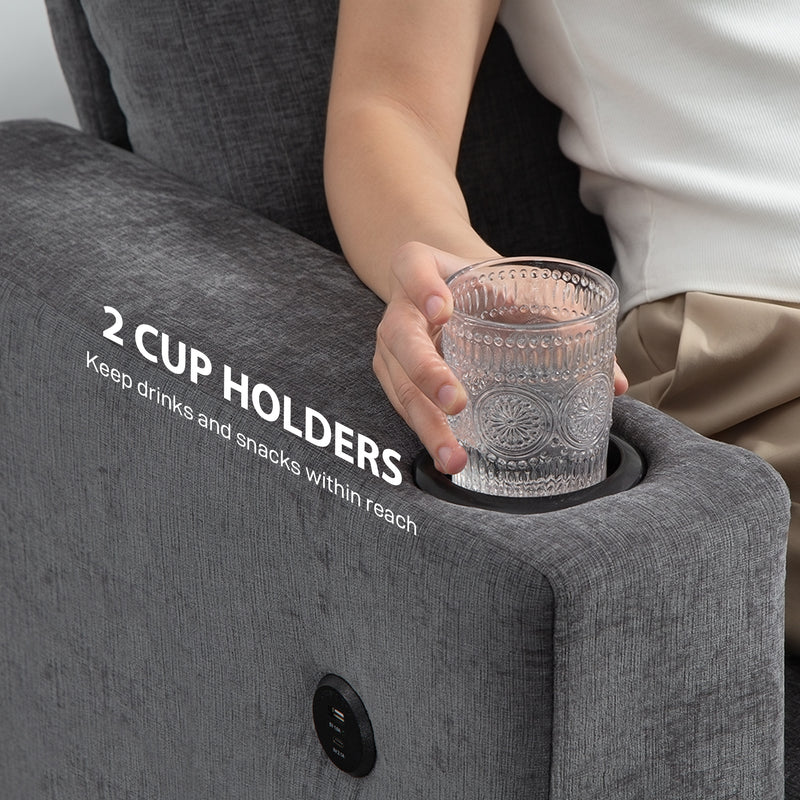HOMCOM 3 Seater Sofa, Fabric Sofa with USB Ports and Cup Holders,