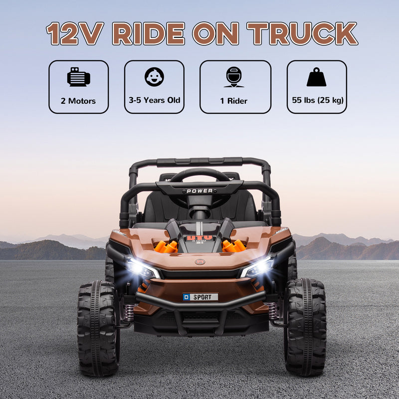 AIYAPLAY Kids Ride on Car, 12V Electric Truck w/ Horn Lights USB - Brown