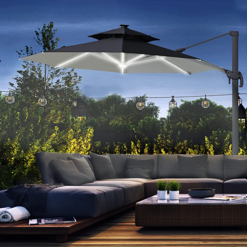 Outsunny Cantilever Banana Parasol with Solar Lights 3m - Dark Grey