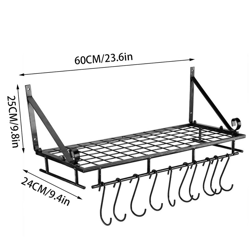 Lifeideas Kitchen Metal Shelves Saucepan Pan Pot Rack Storage Shelf with 10 Hooks Wall Mounted