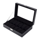 Sheonly 12-Slot Black Synthetic Leather Watch Display Box with Glass Lid