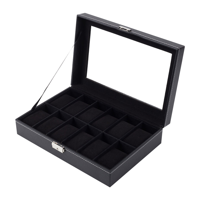 Sheonly 12-Slot Black Synthetic Leather Watch Display Box with Glass Lid