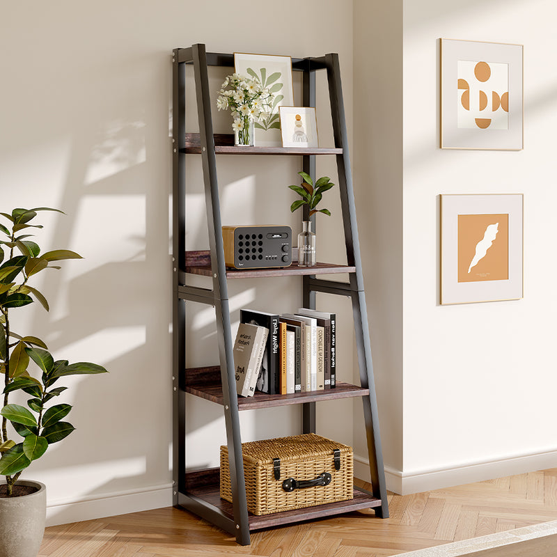 Livingandhome 5-Tier Industrial Wooden Open Shelf Ladder Bookcase