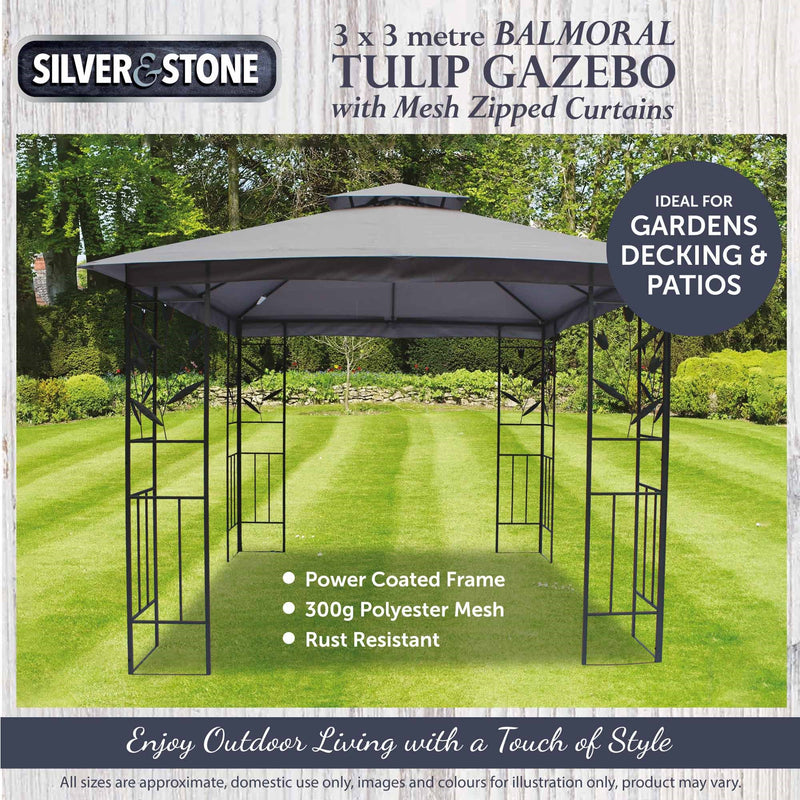 Balmoral 3m x 3m Tulip Design Gazebo with Mesh Curtains And Zipper -  Charcoal
