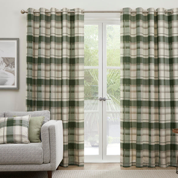 Fusion Balmoral Check Eyelet Curtains in Bottle Green